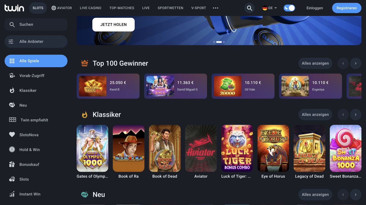 Deutsche Twin-Spieleübersicht mit Seitenmenü und der Rubrik Klassiker.