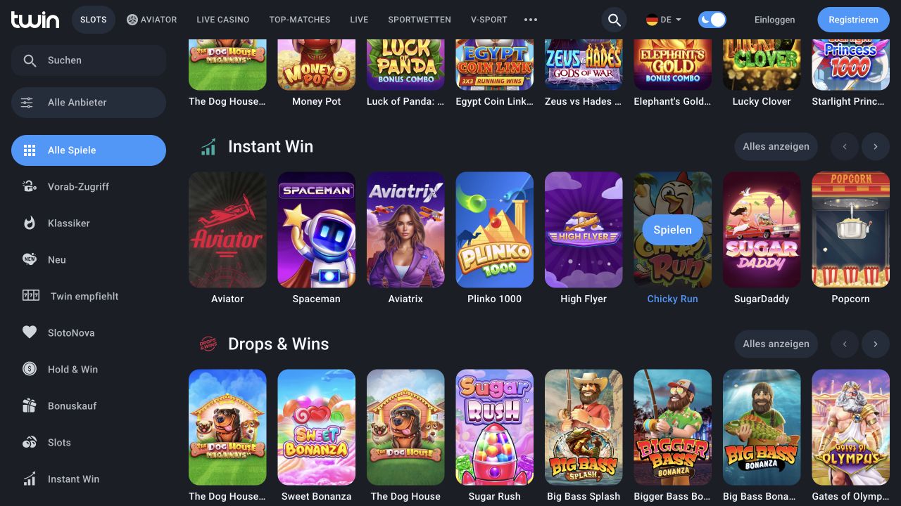 Spielkarten in den Bereichen Instant Win und Drops & Wins der deutschen Twin-Website.